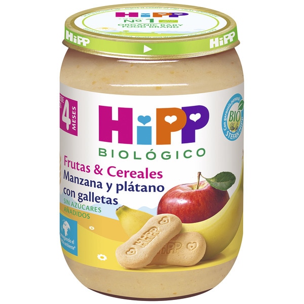 tarrito de manzana y plátano con galletas ecológico desde 4 meses envase 190 g sin azúcares añadidos