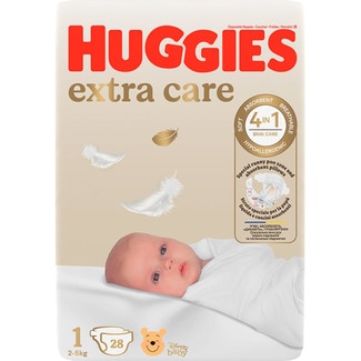 Huggies Fraldas Extra Care 2 a 5 kg T1 embalagem 28 unidades