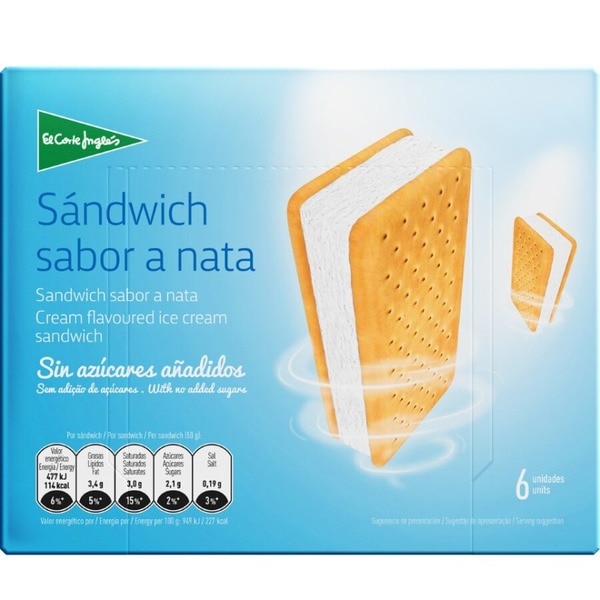sándwich de helado sabor a nata sin azúcares añadidos 6 unidades estuche 600 ml