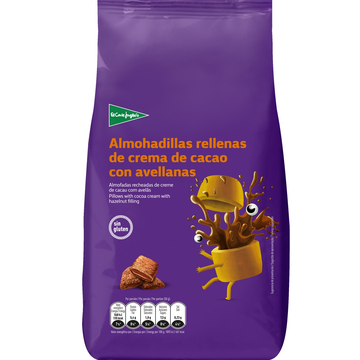 cereales de desayuno en almohadillas rellenas de crema de cacao con avellanas sin gluten