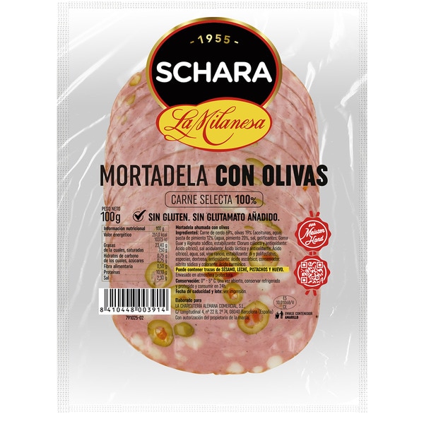 La Milanesa mortadela con olivas en lonchas sin gluten envase 100 g