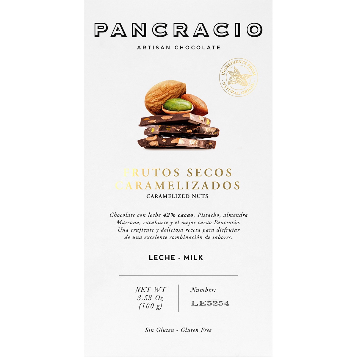 chocolate artesano con leche y frutos secos caramelizados
