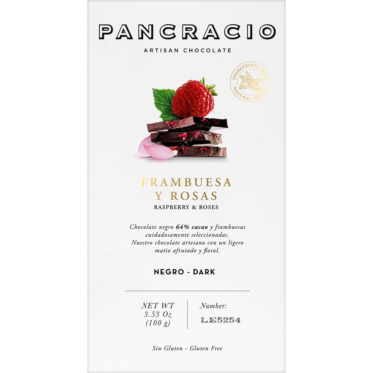 chocolate negro 64% con frambuesa y rosas sin gluten