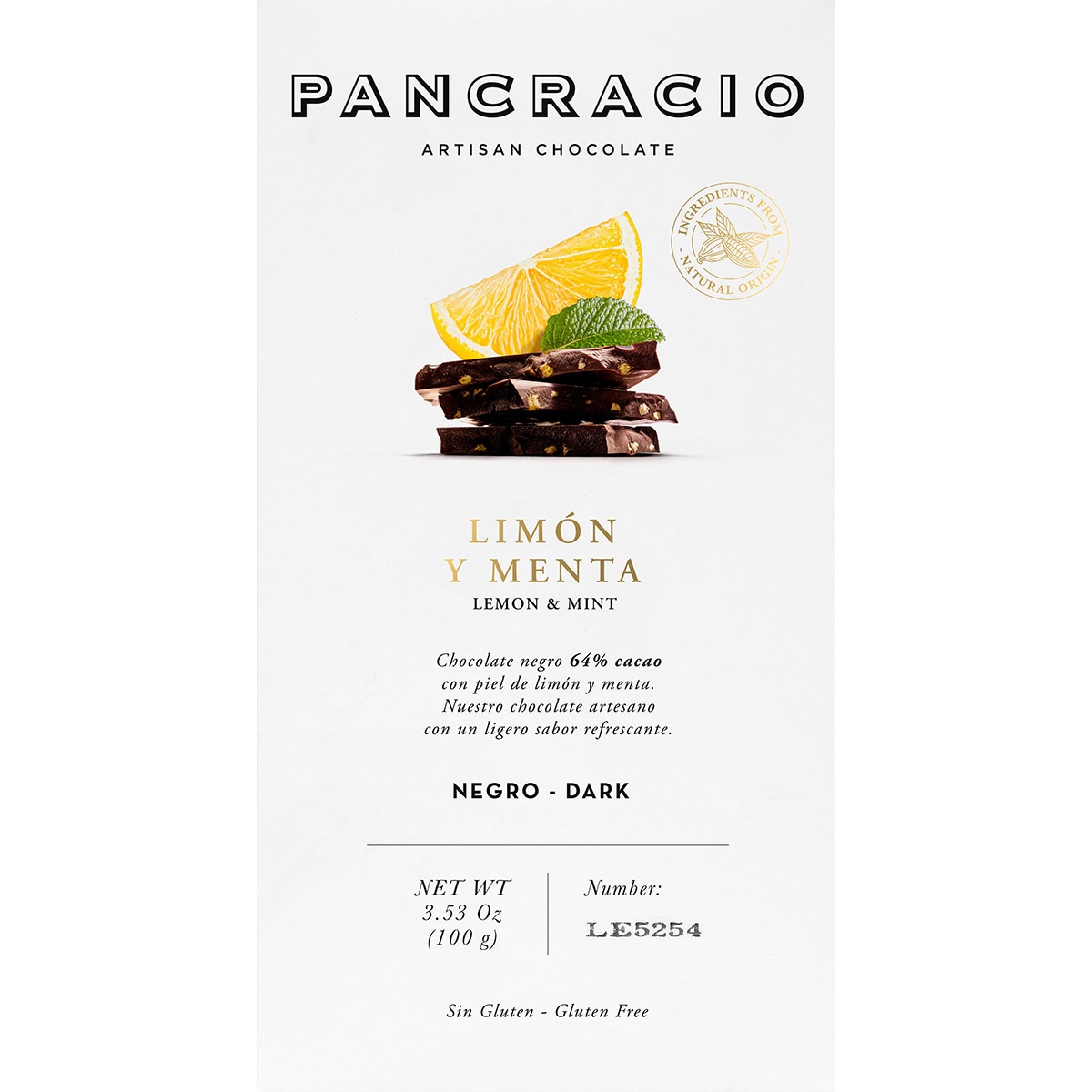 chocolate negro 64% con limón y menta sin gluten