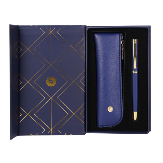 Pluma y estuche en caja de diseño Soiree Belius azul marino y dorado.