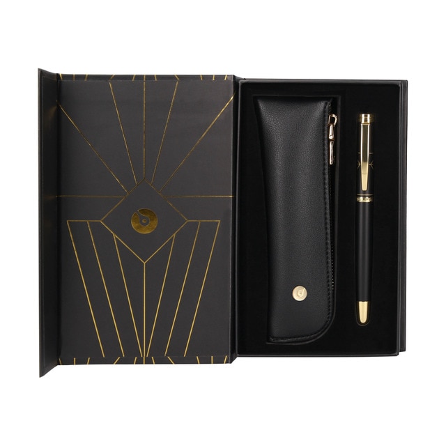 Pluma y estuche en caja de diseño Soiree Belius negro y dorado.