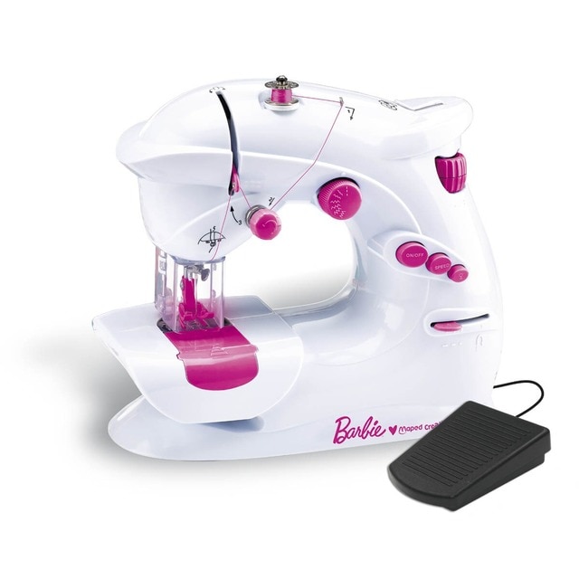 Máquina de coser con accesorios de tela con motivos Barbie Maped rosa.