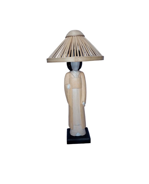 Lámpara/ figura japonesa madera c/pant rattan