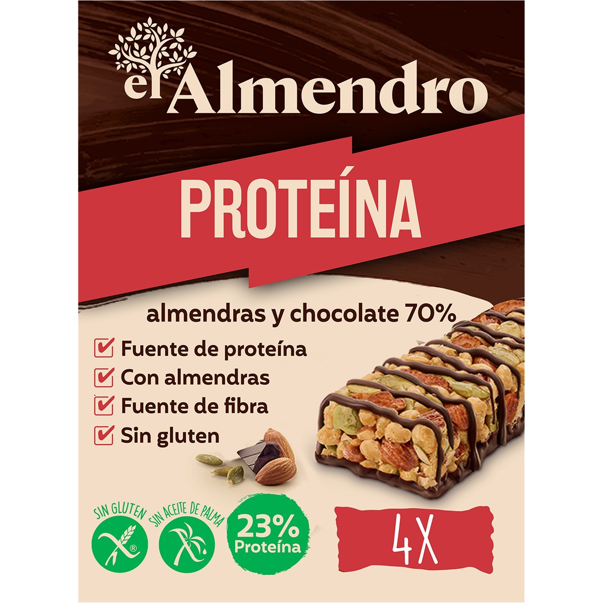 barrita de proteínas con almendras y chocolate 70% sin gluten y sin aceite de palma 4 unidades