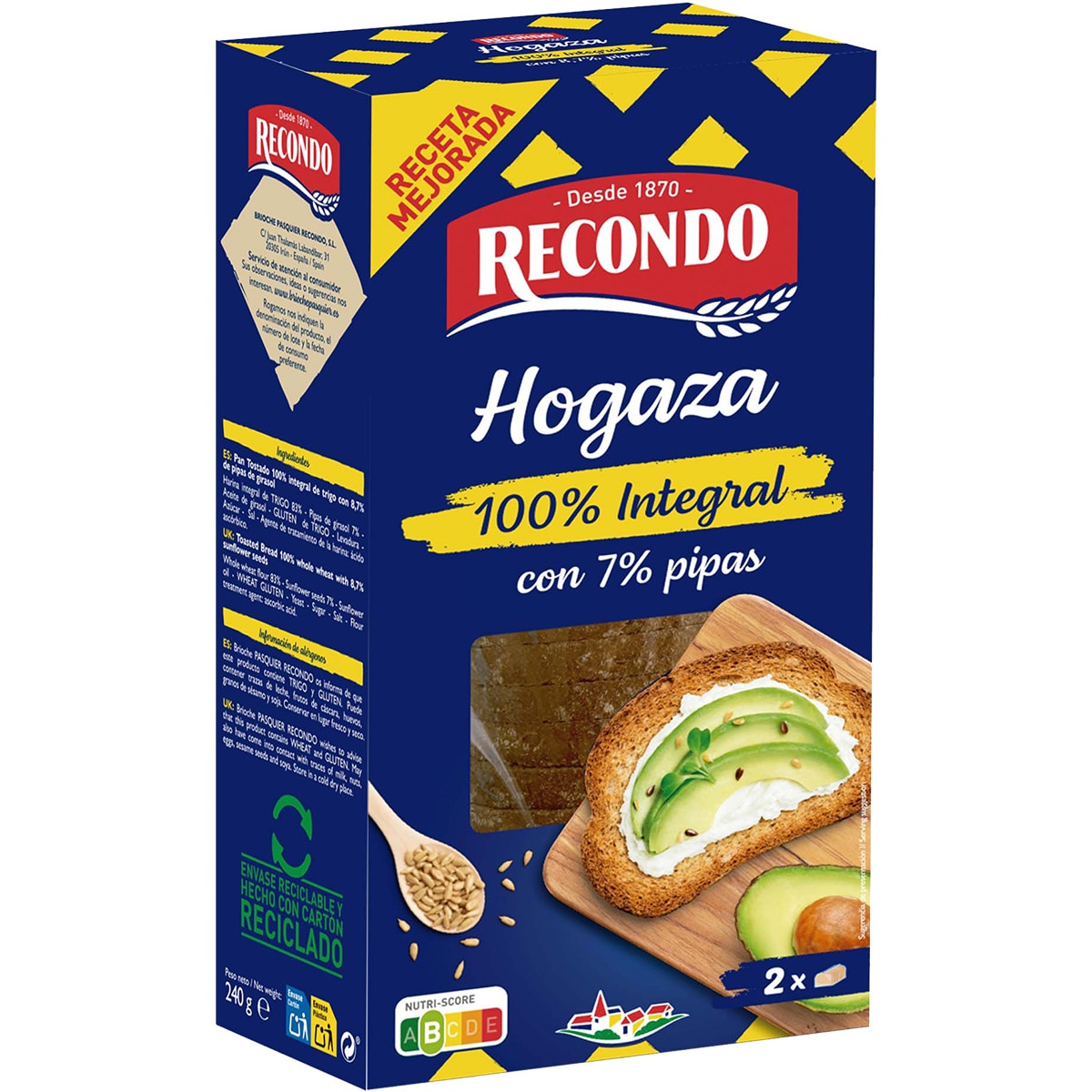pan de hogaza tostado 100% integral con 7% de pipas