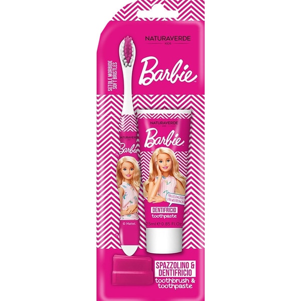 Kids Barbie Zahnpflege-Set Karton 1 Einheit bestehend aus Zahnbürste + Zahnpasta mit Erdbeer- und Bonbongeschmack