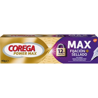 COREGA Power Max Fijación + Sellado crema fijadora para prótesis dentales tubo 40 g sin sabor