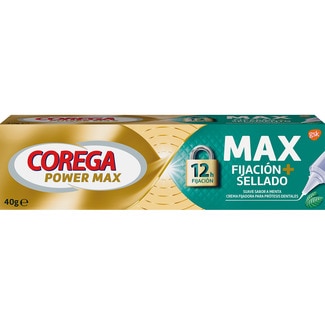 COREGA Power Max Fijación + Sellado crema fijadora para prótesis dentales tubo 40 g suave sabor a menta