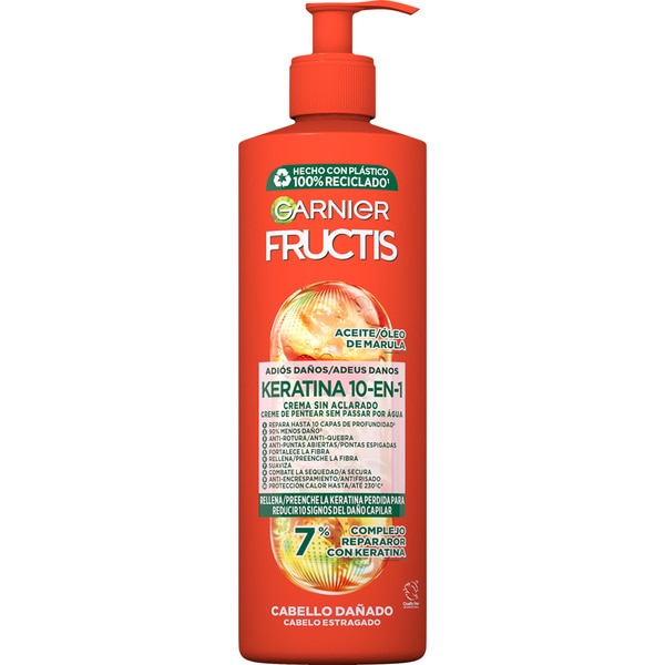 crema capilar sin aclarado Keratina 10 en 1 con aceite de marula dosificador 400 ml para cabello dañado