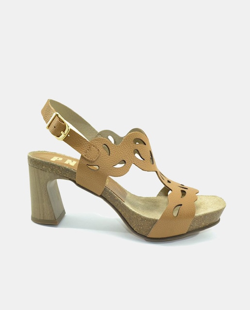 Sandalias de mujer en piel troquelada con tacón bloque