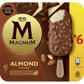MAGNUM bombón helado de vainilla cubierto de chocolate con almendras sin gluten 6 unidades estuche 600 ml