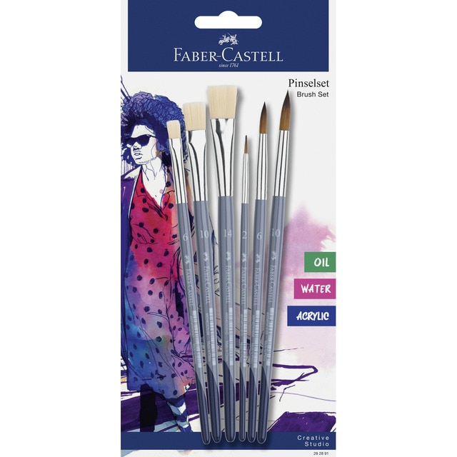 Blíster con 6 pinceles planos y redondos Faber-Castell.