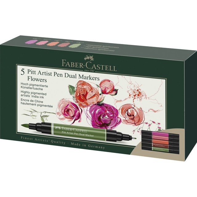 Pack 5 rotuladores doble punta tinta china Dual Marker Faber-Castell flores.