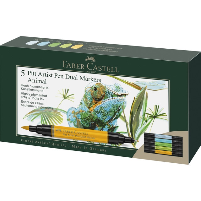 Pack 5 rotuladores doble punta tinta china Dual Marker Faber-Castell animal.
