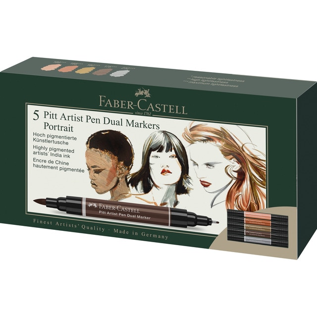 Pack 5 rotuladores doble punta tinta china Dual Marker Faber-Castell retrato.