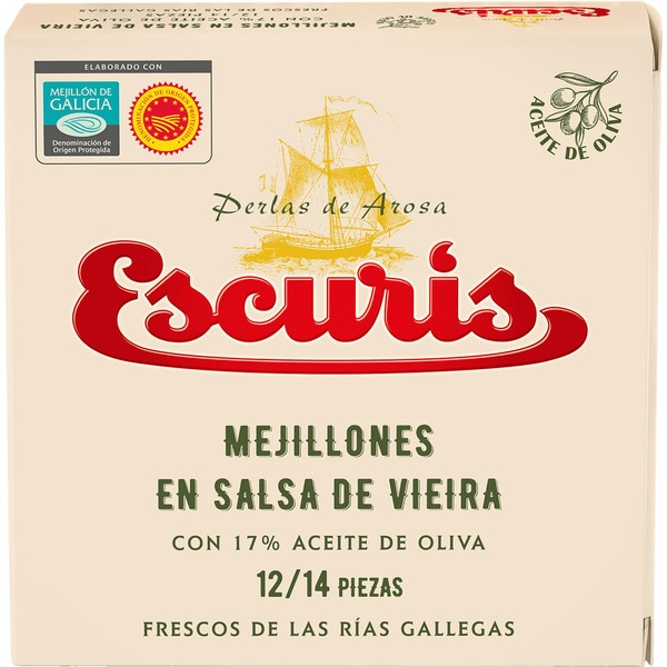 ESCURIS mejillones en salsa vieira DOP de las rías gallegas 12-14 piezas lata 69 g neto escurrido