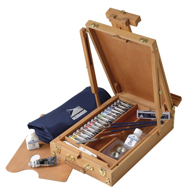 Maletín con caballete de madera de haya, pintura acrílica para artistas, set de 16 colores surtidos, con un total de 27 piezas, Polycolor Maimeri