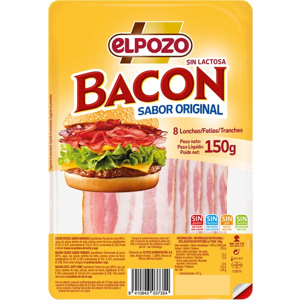 bacon sabor original en lonchas sin gluten sin lactosa envase 150 g