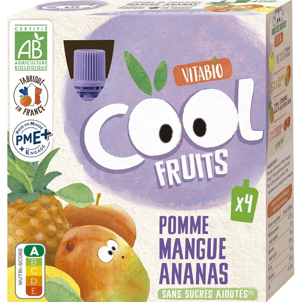 VITABIO Cool Fruits manzana, mango y piña sin azúcares añadidos pack 4 bolsitas 90 g 