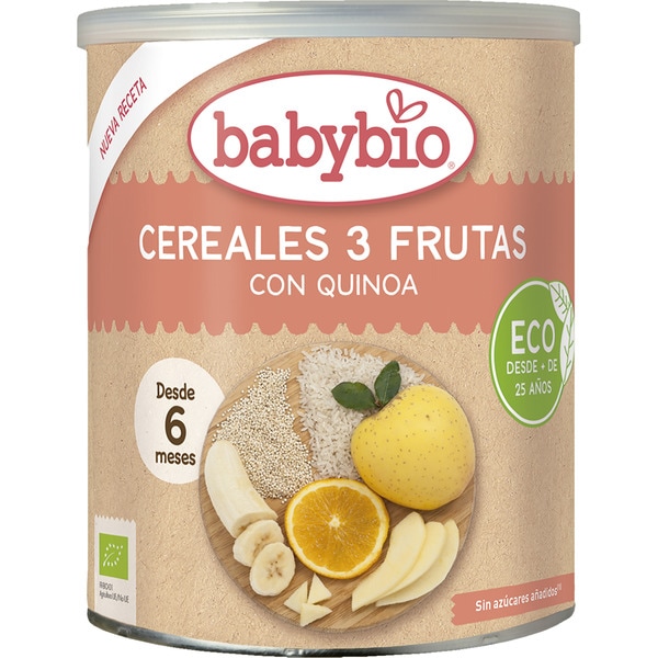 BABYBIO papilla de cereales y 3 frutas ecológica y sin azúcares añadidos desde 6 meses lata 220 g 