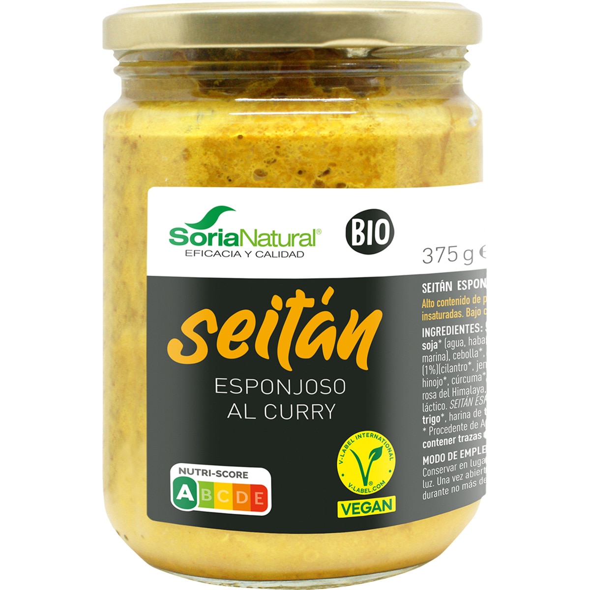 Seitán esponjoso al curry ecológico y vegano frasco 375 g · SORIA