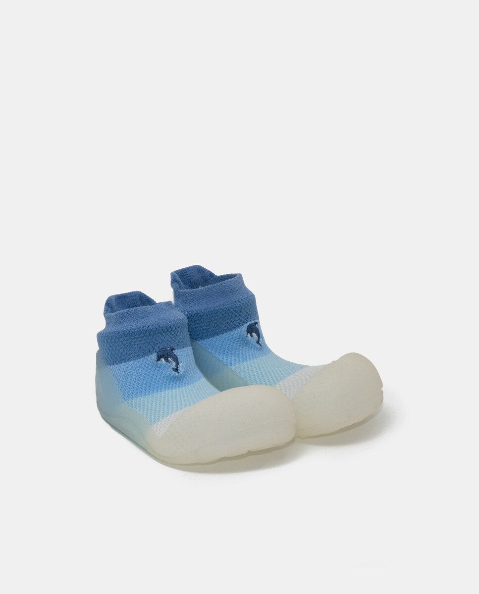 Botas de Tricot de Bebé às Riscas com Bordado e em Têxtil Attipas Azul-2
