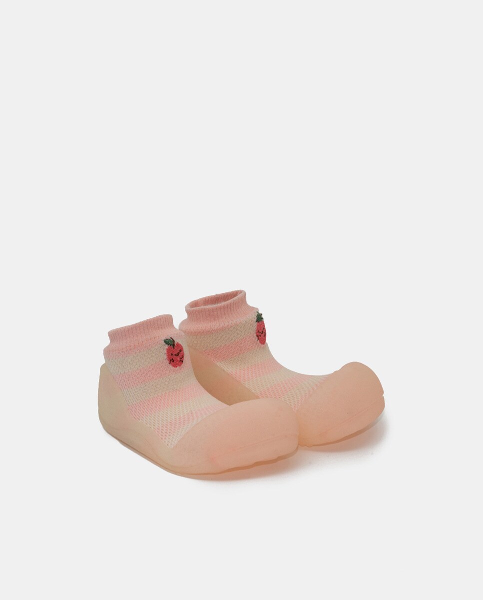 Botas de Tricot de Bebé às Riscas com Bordado e em Têxtil Attipas Rosa-2
