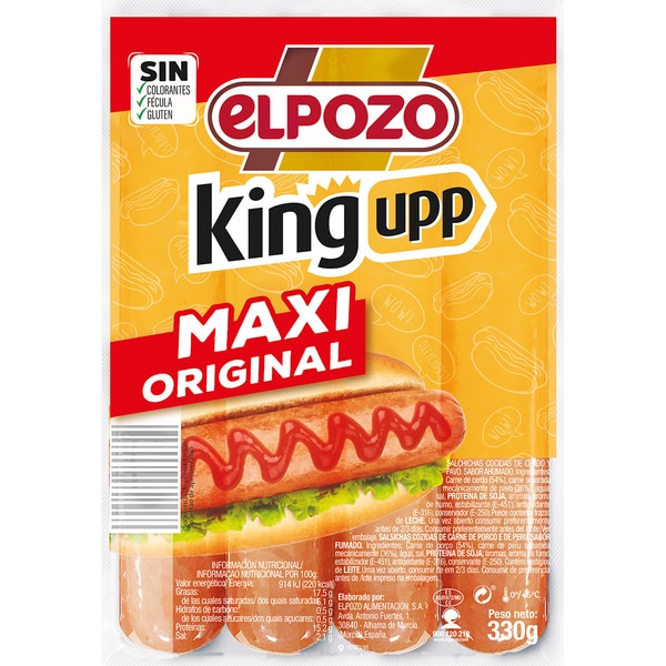 King upp  maxi original salchichas cocidas de cerdo sabor ahumado sin gluten 4 piezas envase 330 g