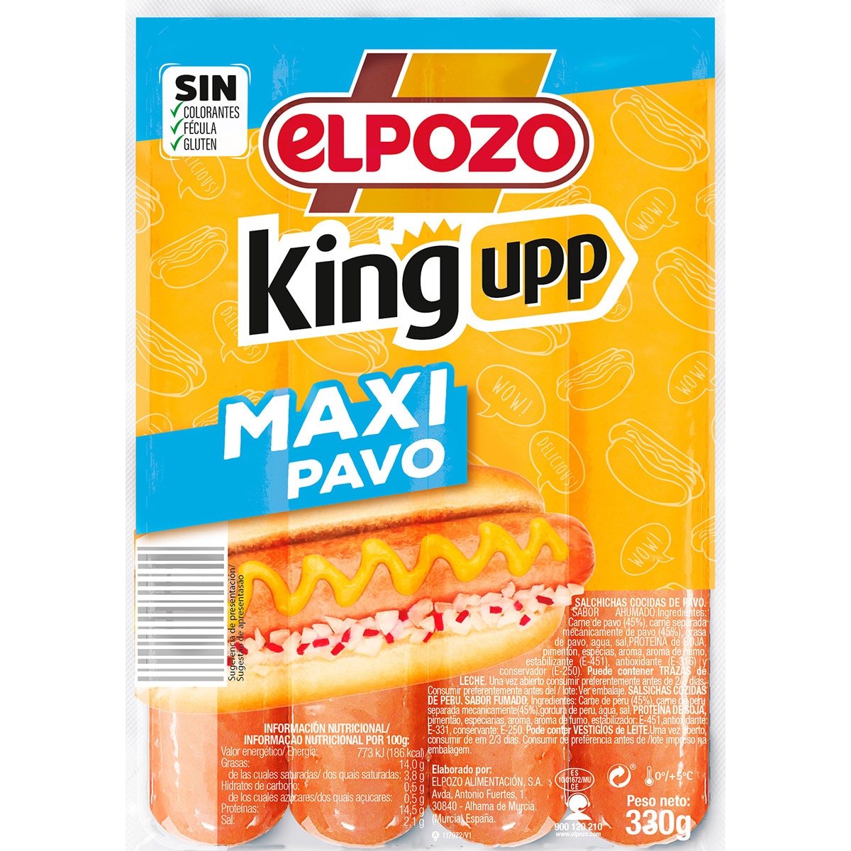 King upp maxi salchichas cocidas de pechuga de pavo sabor ahumado sin gluten 4 piezas envase 330 g - Elpozo