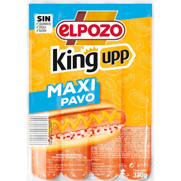 King upp maxi salchichas cocidas de pechuga de pavo sabor ahumado sin gluten 4 piezas envase 330 g