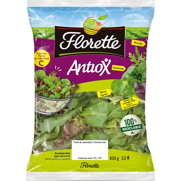 Antiox-Salat mit Lollo Rosso Baby Leaf, Feldsalat, Rucola und Kresse Tasche 100 g