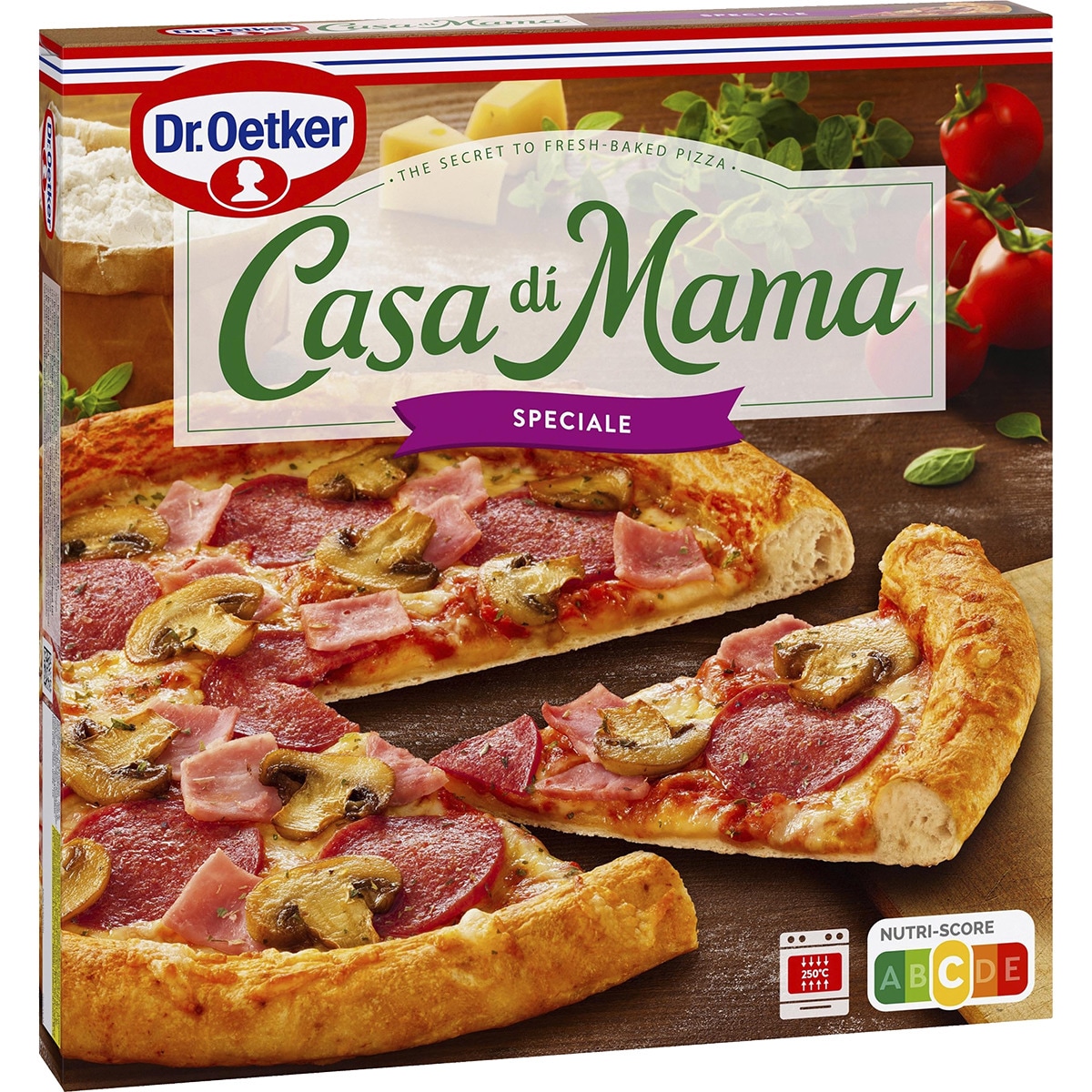 pizza con jamón, salami y champiñones Speciale