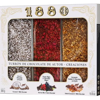 1880 Autoren-Schokoladen-Turrón 3 Sorten Pack 3x100g Karton 300 g (Kokos-Schoko, rote Beeren dunkle Schokolade, salziger Karamell Schokolade)