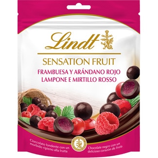 LINDT SENSATION FRUIT Perlen aus dunkler Schokolade mit Himbeer- und Cranberry-Herz Tasche 150 g