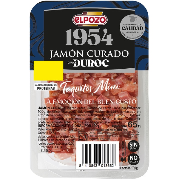 Edición 1954 jamón curado raza Duroc en taquitos mini sin gluten sin lactosa envase 65 g