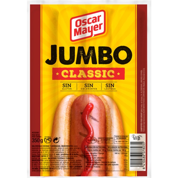Salsichas Jumbo Classic 4 Unidades embalagem 350 g