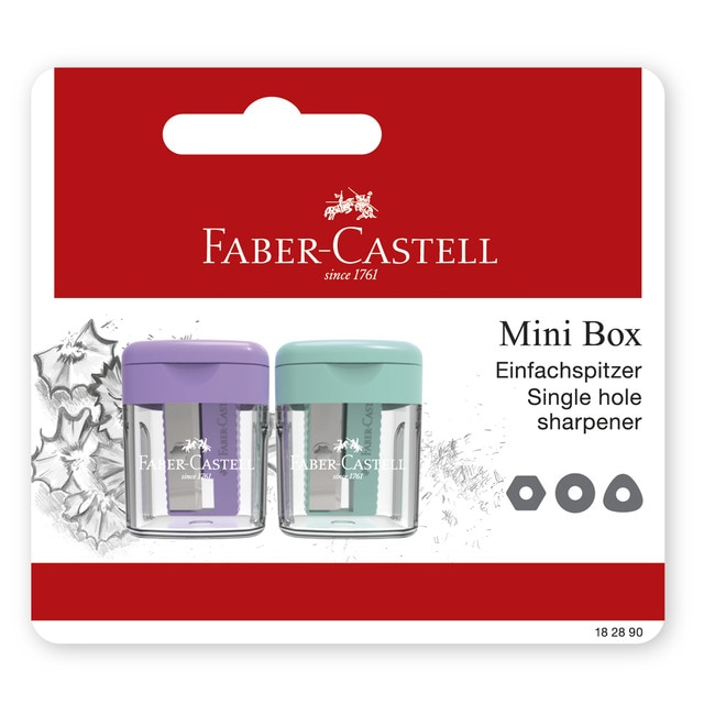 Blíster con 2 sacapuntas sencillos con deposito Faber-Castell colores pastel.