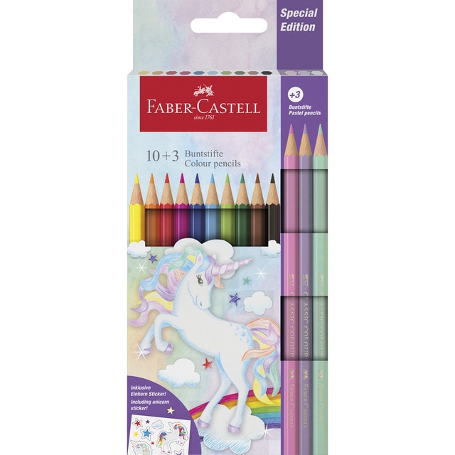 Estuche 10+3 lápices de color escolares unicornio Faber-Castell.