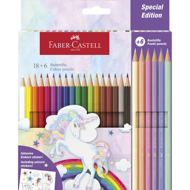Estuche 18+6 lápices de color escolares unicornio Faber-Castell.