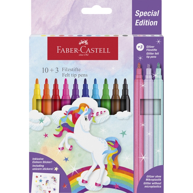 Estuche 10+3 rotuladores escolares unicornio Faber-Castell.