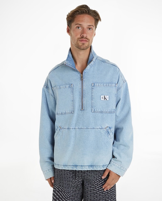 Anorak denim de Hombre con cuello cremallera y bolsillo canguro