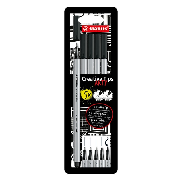 Estuche con 5 rotuladores con diferentes puntas Creative Tips STABILO Negro.
