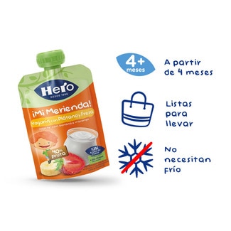 Bolsita de yogur con plátano y fresa sin gluten desde 12 meses pack 4 100 g 0% azúcar añadido - Hero Solo