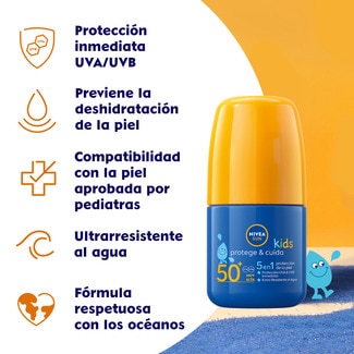Protege & Cuida Kids loción solar roll-on 5 en 1 SPF-50+ envase 50 ml resistente al agua - Nivea Sun