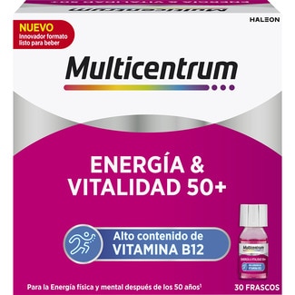 MULTICENTRUM Energía & Vitalidad 50+ complemento alimenticio para adultos mayores de 50 años caja 30 frascos con un alto contenido de vitamina B12, Niacina y Zinc